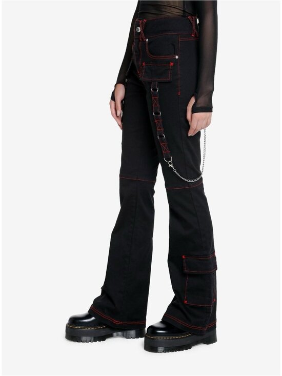 Hot Topic Pants - Hot Topic Black & Red Contrast Stitch Strap Flare Cargo Pants Size 5 Edgy